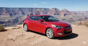 red Hyundai veloster with black performance graphics at the Grand Canyon